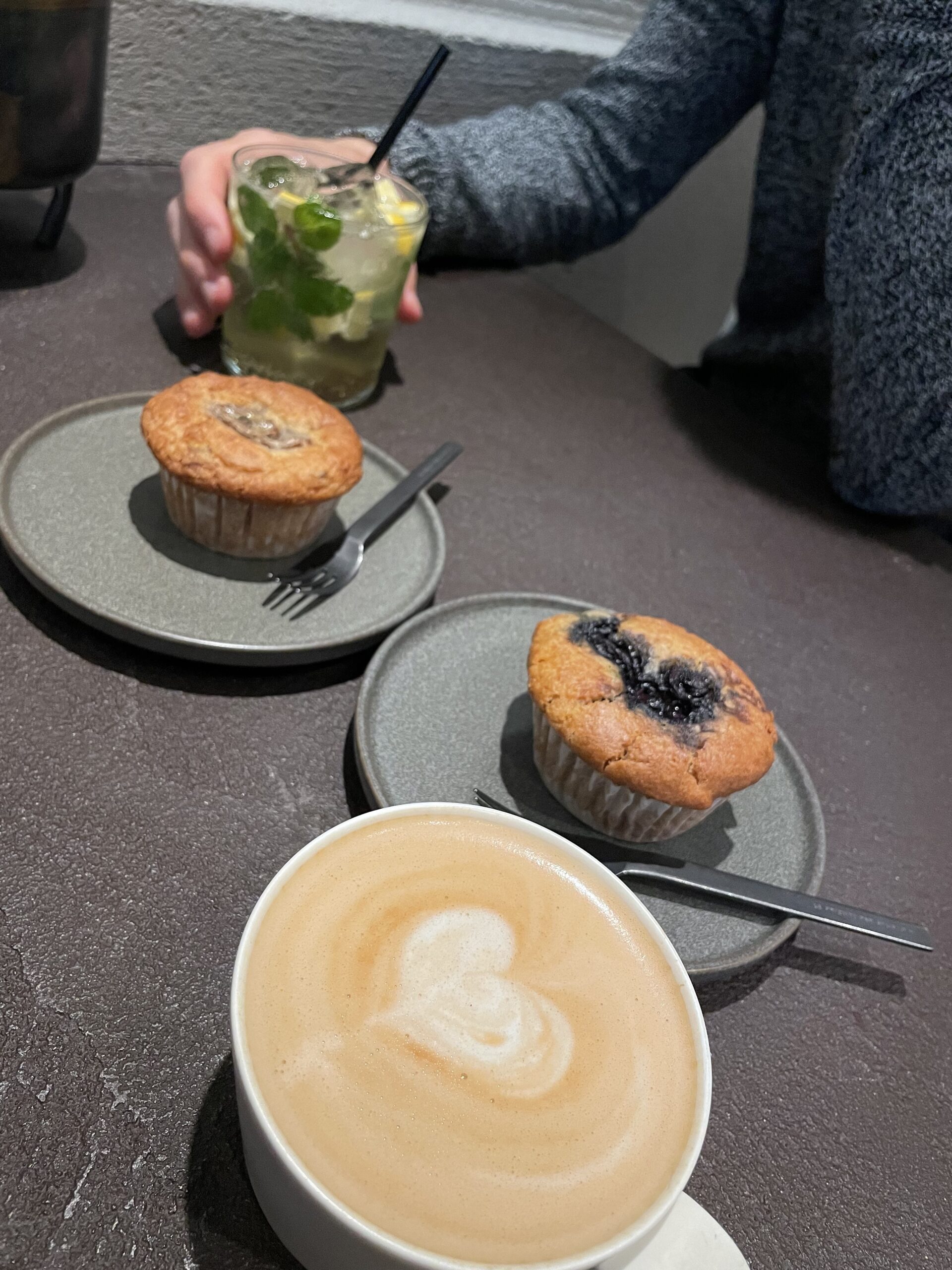 latte art coffee and vegan muffins Cafe Tarot Asakusa