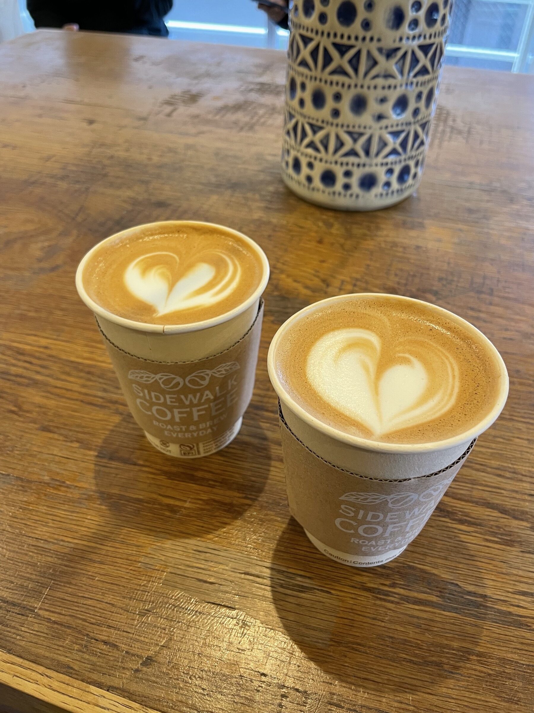 Two lattes at Sidewalk Stand coffee in Nakameguro Tokyo
