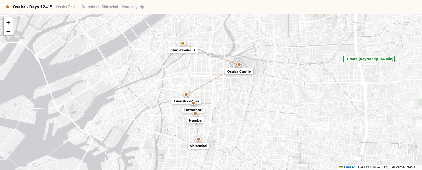 Osaka map for vegan Japan itinerary - Days 12-15