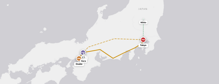 vegan Japan itinerary route map – Tokyo, Kyoto and Osaka
