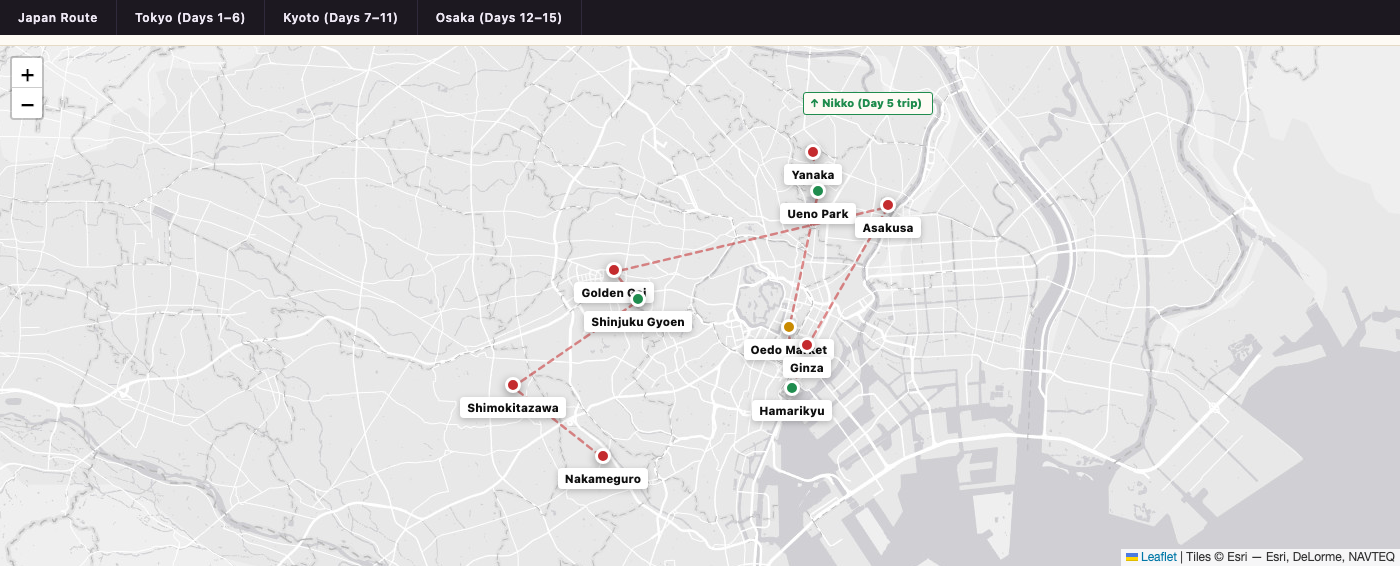 Tokyo map for vegan Japan itinerary - Days 1-6
