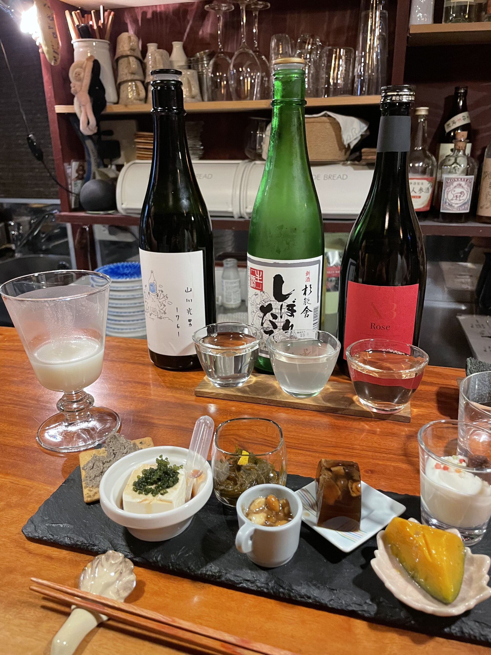 sake tasting at vegan restaurant Veganic Monkey Magic Tokyo