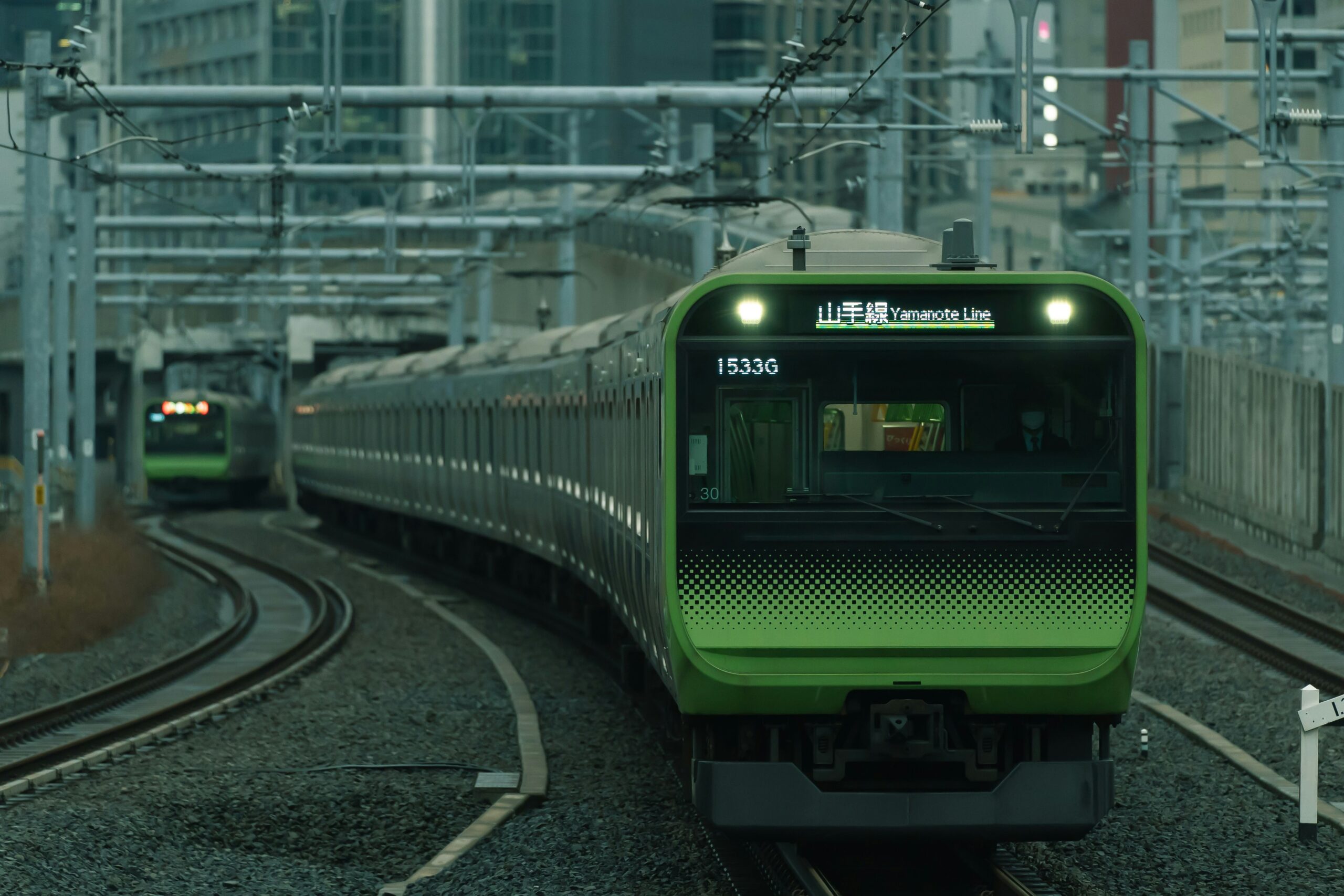 Yamanote Line green train in Tokyo at night