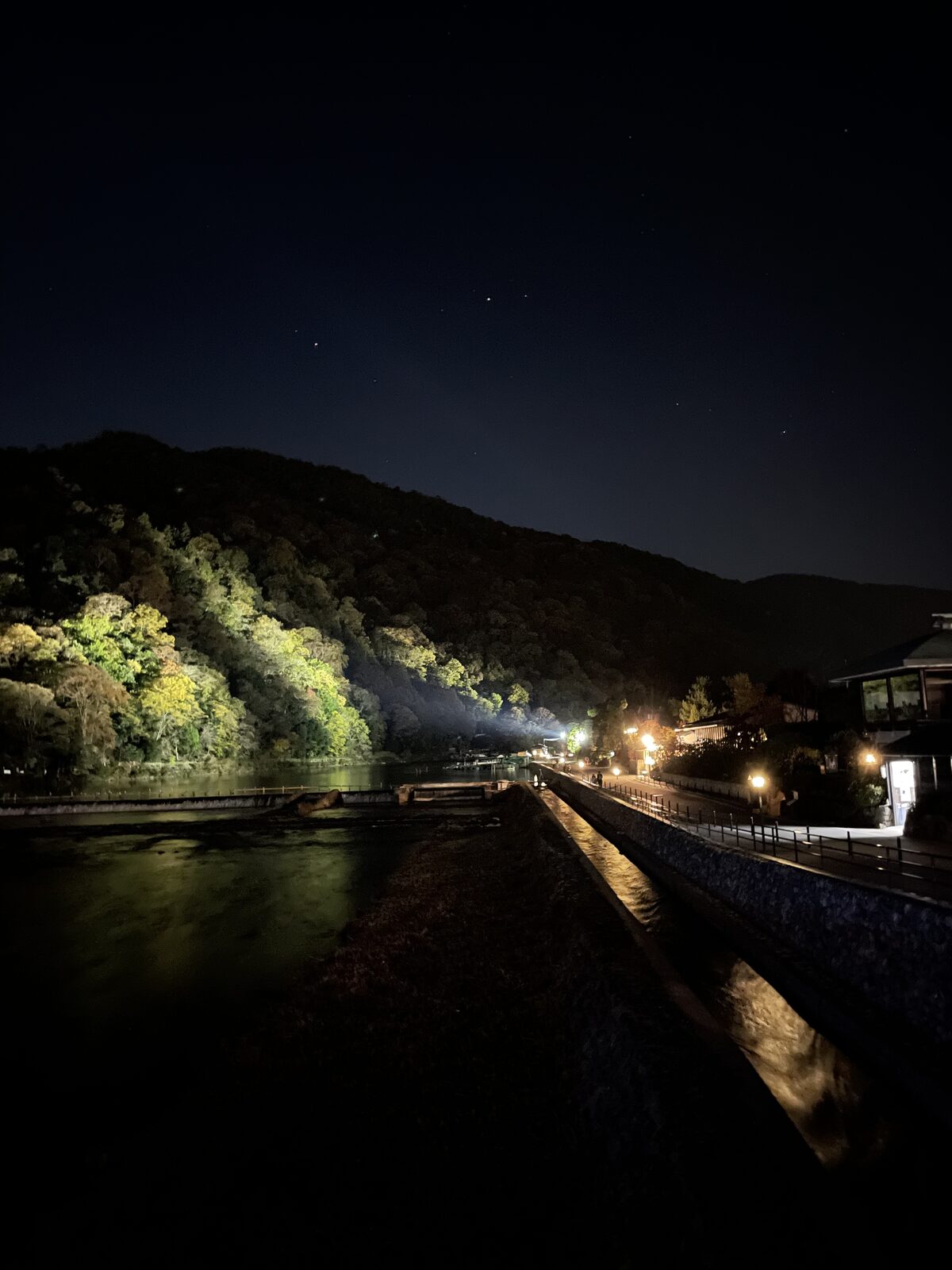 Illuminated autumn trees on the mountain above the river in Arashiyama at night