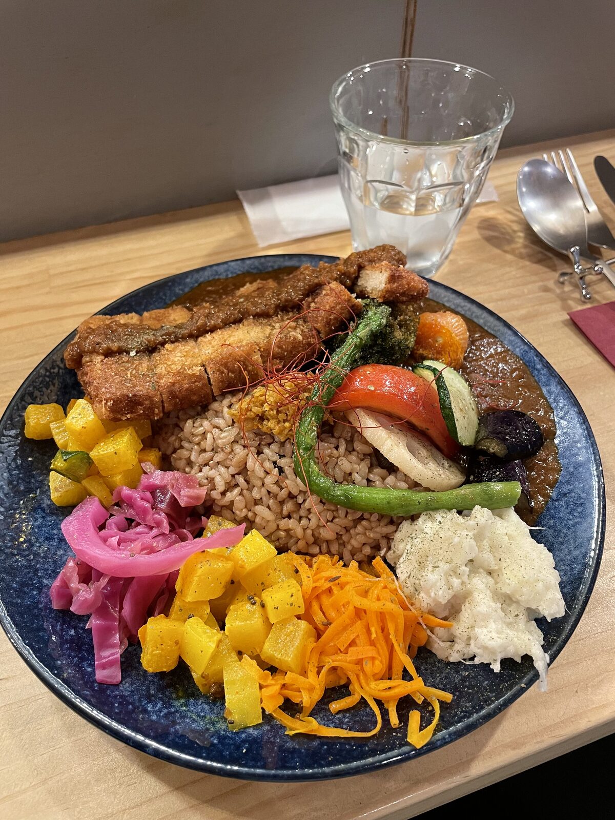 Vegan curry with soy cutlet, grilled vegetables and pickles at Chabuya, Tenjin Station Fukuoka